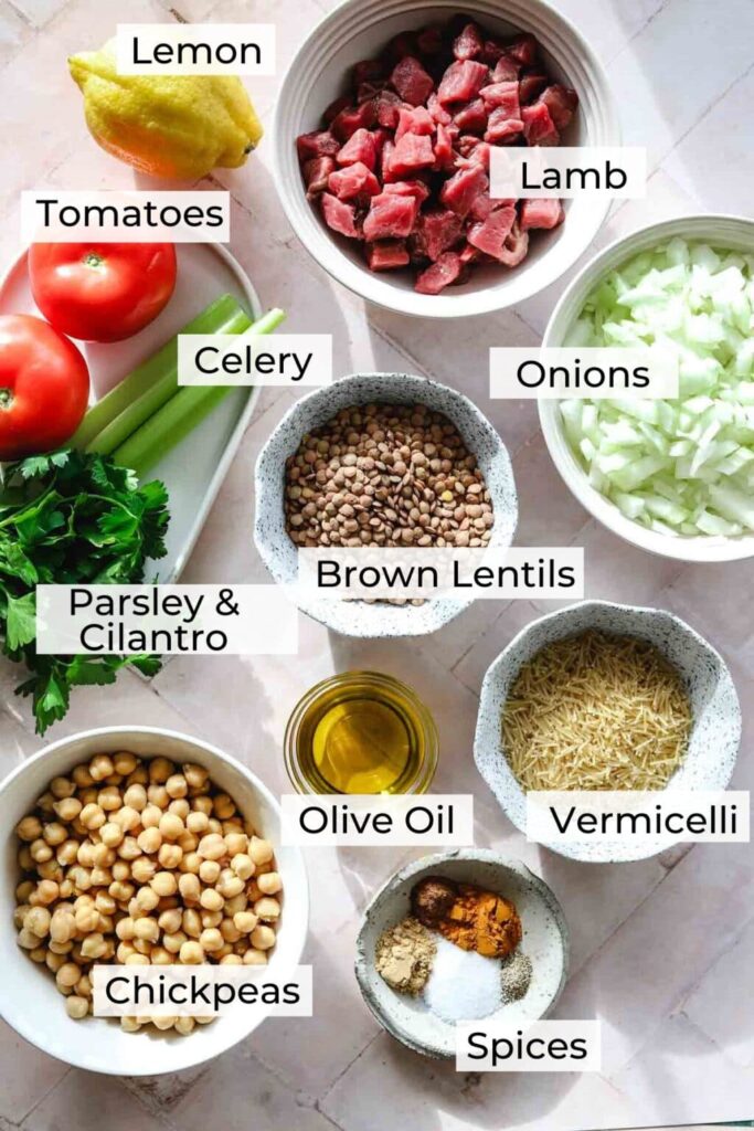 ingredients for moroccan harira recipe with lentils chickpeas tomatoes and herbs