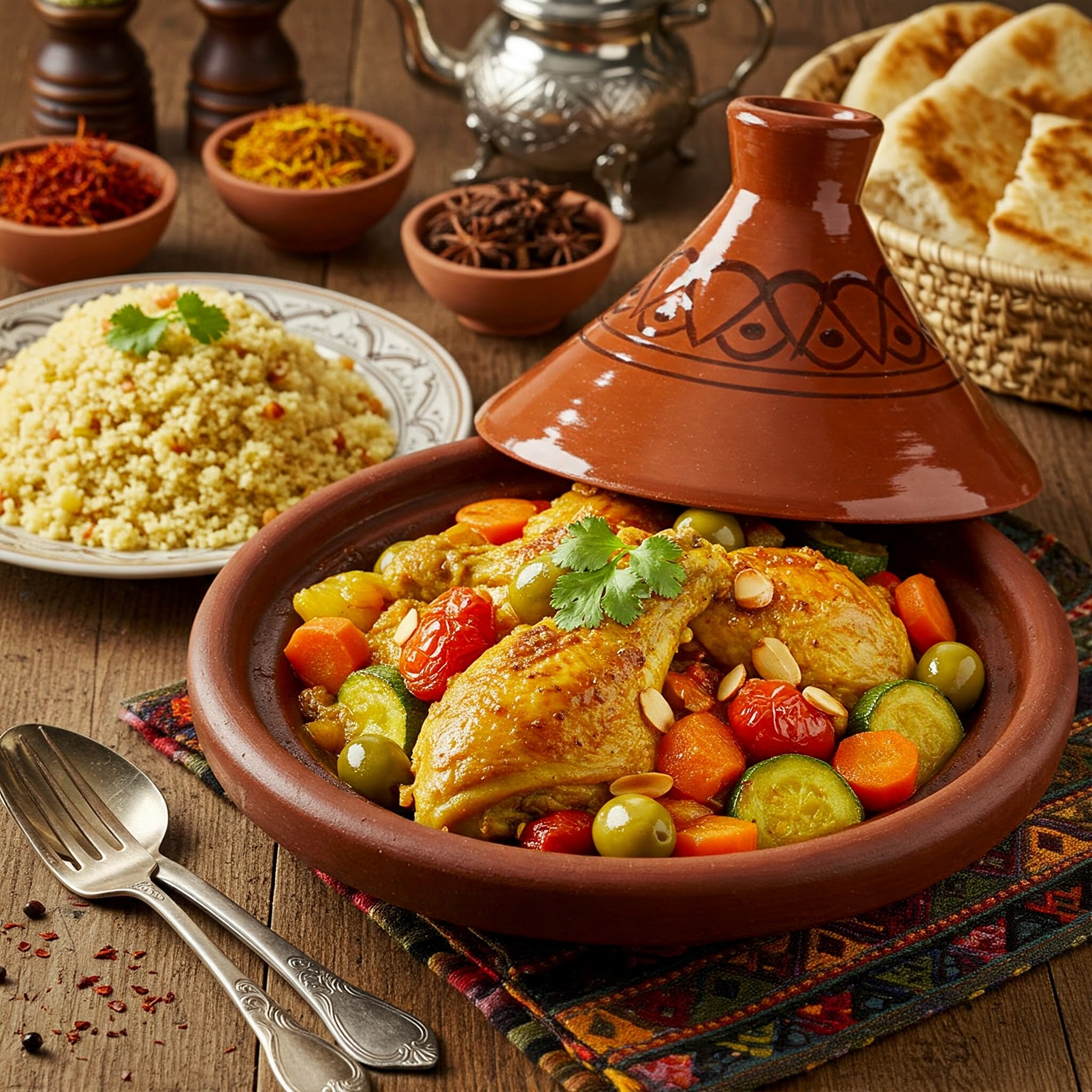 moroccan chicken tagine recipe served in traditional clay pot with rich sauce and vegetables