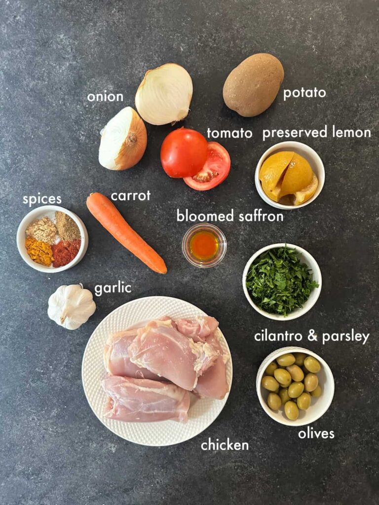ingredients for moroccan chicken tagine recipe with spices, olives, and preserved lemon