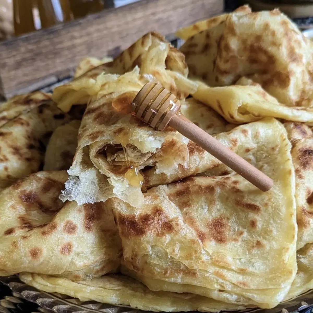 traditional moroccan msemen served with honey and mint tea