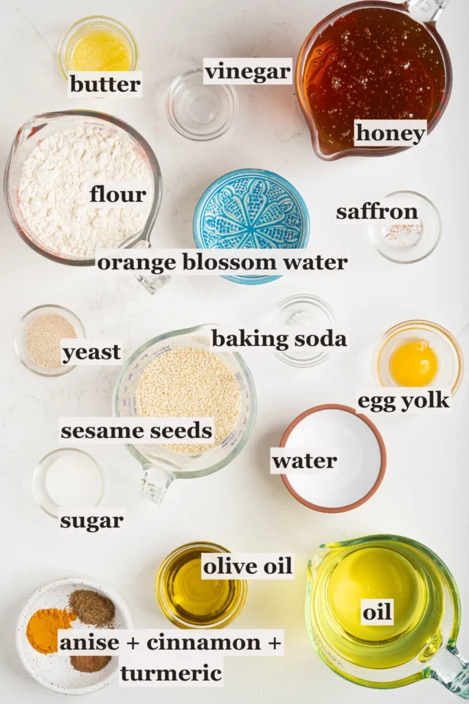 ingredients for moroccan chebakia recipe with sesame and honey